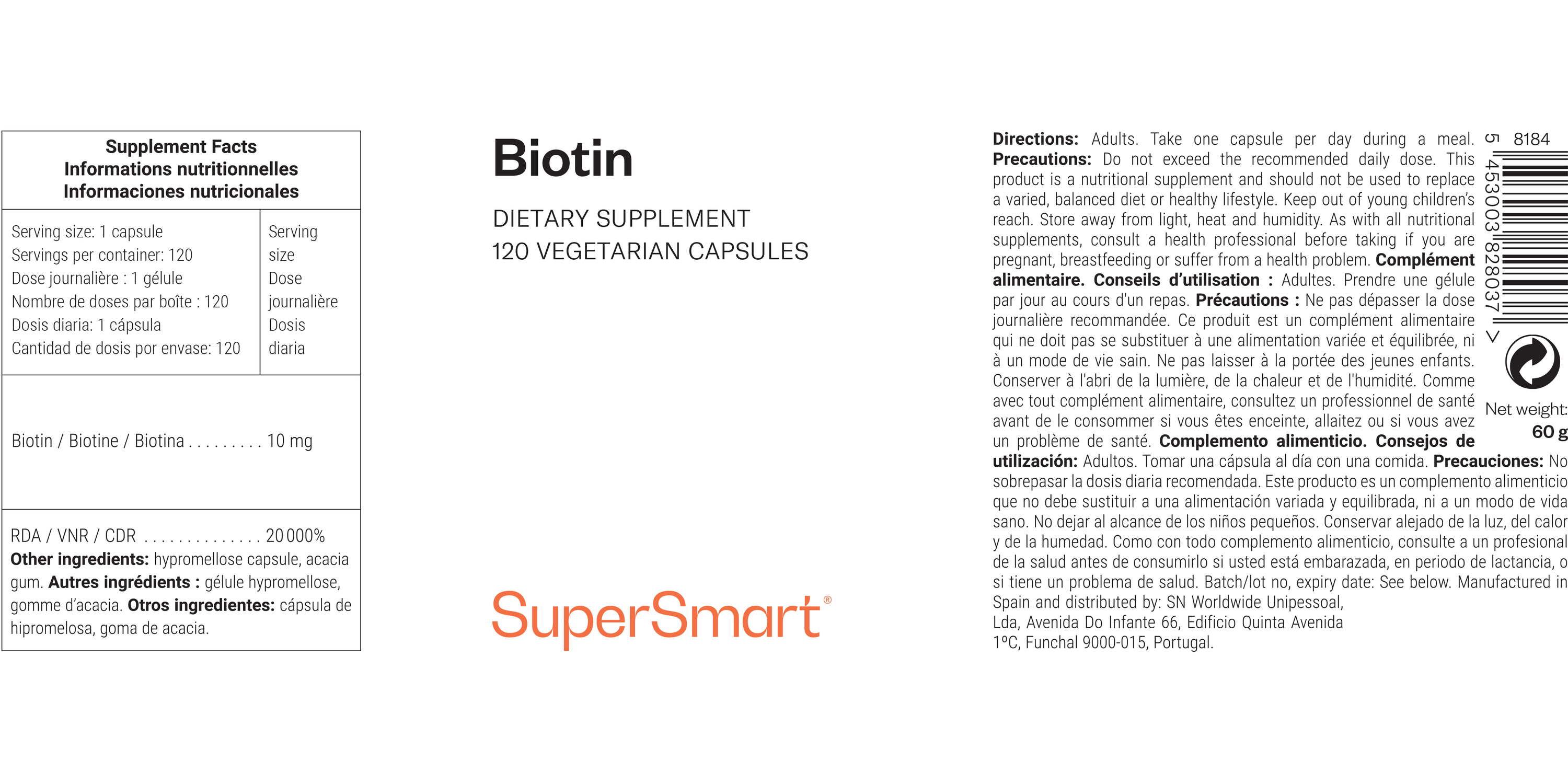 Pot de complément alimentaire de biotine ou vitamine B8