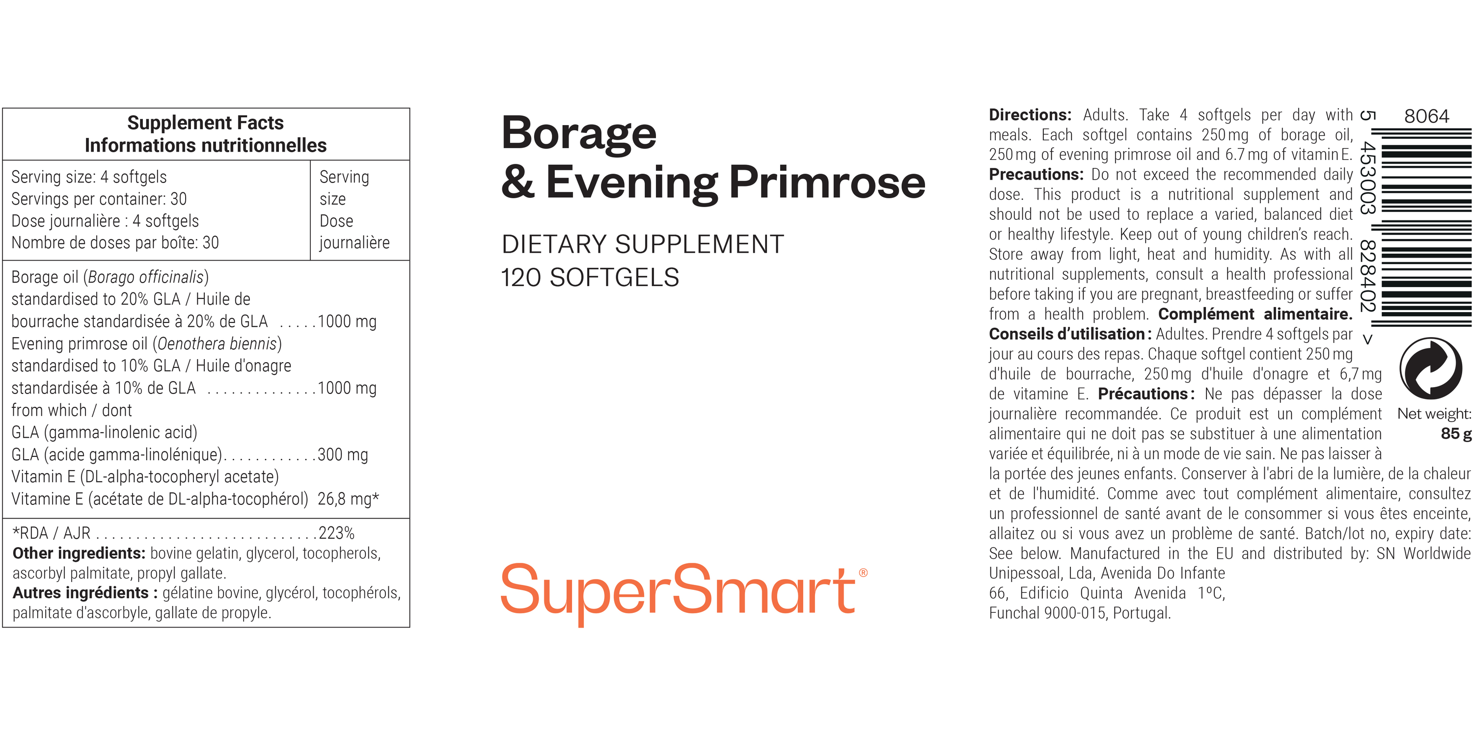 Complément alimentaire d'huile de bourrache et d'onagre