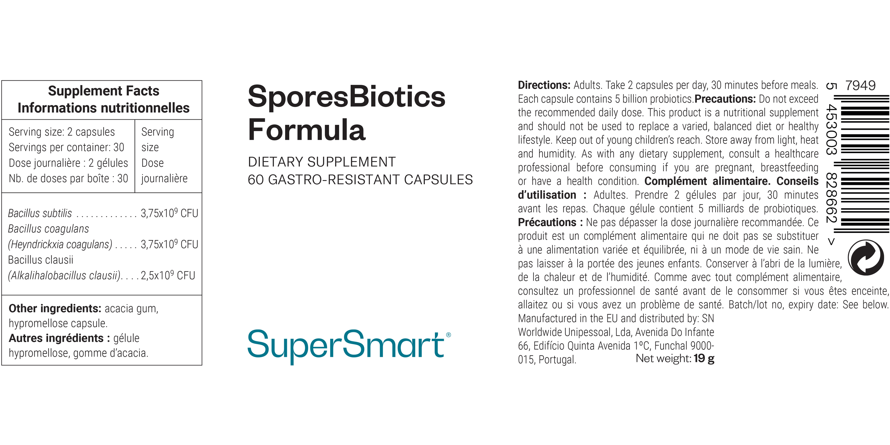 Probiotique à spores de Bacillus clausii, subtilis et coagulans